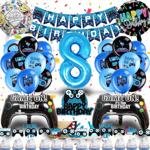 Betensh Geburtstagsdeko Luftballon 8. Geburtstag Junge mit Videospiel Tortendeko, Ballons Blau für Gamer Deko Party