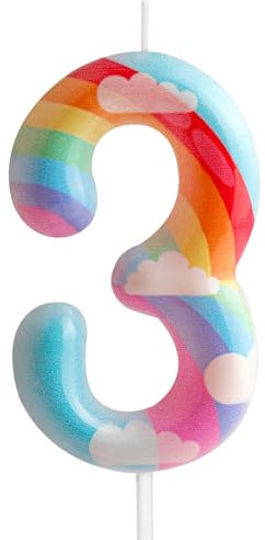 Bougies d'anniversaire 3e anniversaire en forme de chiffre 3 rose arc-en-ciel, thème nuage, arc-en-ciel, design adorable pour décoration de gâteau d'anniversaire, de remise de diplôme, d'anniversaire