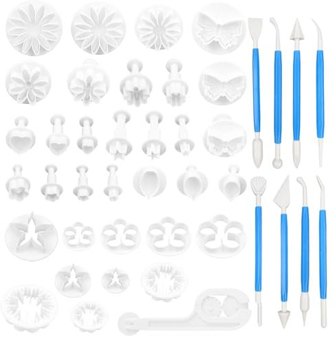 LHOEST Juego de 42 moldes de fondant blanco, accesorios para bricolaje, herramientas para modelar flores y cortadores de galletas