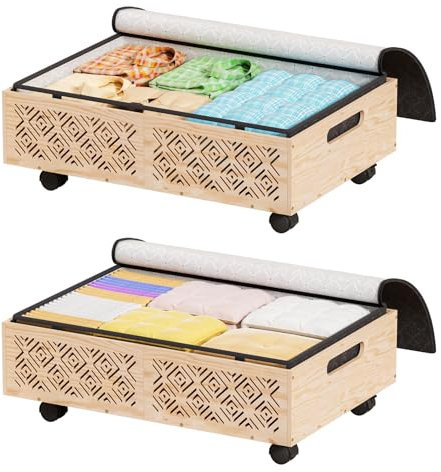 Unterbett-Aufbewahrungsbehälter, 2 Stück, Unterbett-Organizer aus Holz mit Rollen mit großem Fassungsvermögen, Staubbeutel, stapelbare Schublade unter dem Bett