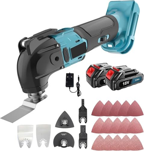 Akku-Multifunktionswerkzeug, Ersetzen für Makita, 21 tlg Zubehör Variable Geschwindigkeit und 4° Oszillationswinkel mit 18V Batterie Bürstenmotor Oszillierend(2 x 3000mAh Akku und Ladegerät)