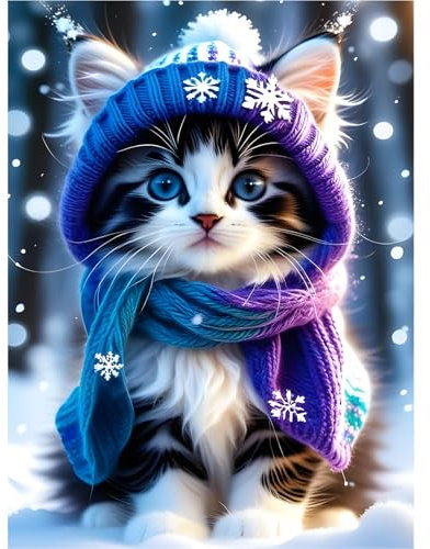 feelive Katze Diamant Painting Bilder für Erwachsene, DIY Diamond Painting Kits für Winter, Bausätze für Diamantmalerei 5D Runde Steine Diamant Painting für Zuhause Dekor 30x40cm