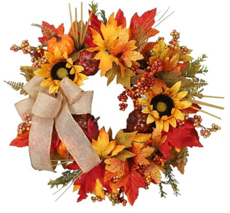 Wesaloes Türkranz Herbstkranz Herbstdeko Autumn Türdeko Deko Herbstkränze Fall Wreath für Haustür Outdoor Tisch Außen Rattan Kürbis Ahornblatt Türkranz Herbstdeko für Erntedankfest (015, One Size)