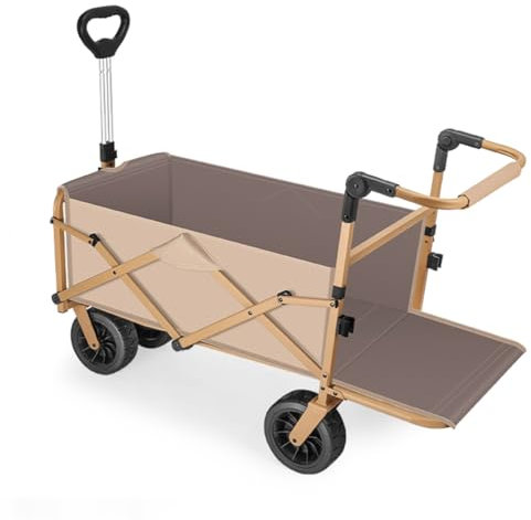 Bollerwagen Faltbar Strand Mit Extra Push-Pull-Griff, Gartenwagen Mit Kippfunktion Handwagen Klappbar Mit Großen Rädern Transportkarre Faltbar Für Garten, Camping, Einkaufen(/Khaki)