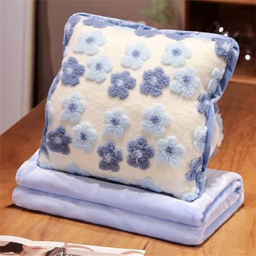 Hixingo Reisedecke und Kissen 2 in 1, Reisedecke mit Kissen Set Multifunktionale Reise Decke und Kissen 2 in 1 Weichem Flugzeug Verwandlungskissen für Urlaub, Camping (35 * 35cm,Blaue Blumen)