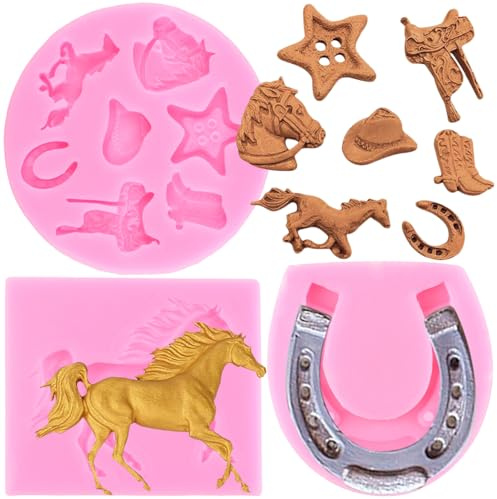 RFGHAC Pferd Schokoladenform Hufeisen Silikonformen Western Cowboy Boot Sattel Fondant Formen für Kuchen Dekorieren Gummipaste Süßigkeiten Polymer Clay 3 Stück
