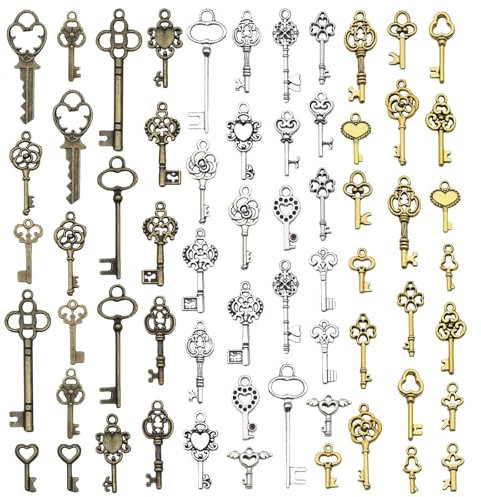 LUFFLOK 62 Stück Vintage Schlüssel Charms, Anhänger Set, Gemischte Glatte Charms für DIY Basteln Party Raum Dekor, Silber & Gold