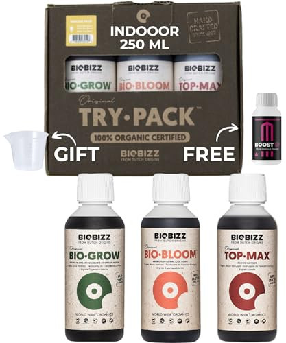 GROWMANIA Trypack Indoor Biobizz + Muestra Boost Up de Up Nutrients + Vaso Medidor | Fertilizante Bio Grow, Bio Bloom y Top Max para Plantas y Cultivos | Estimulación Crecimiento