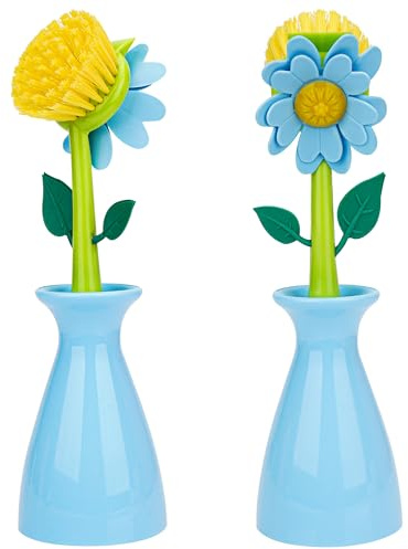 Biiange Long Handle Flower Pot Brush, Florganic Dish Brush with Vase, Long Handle Dish Brushs Kitchen, for Cleaning Pot Pan Sink Kitchen Supplies Decorative Vase (2Pcs Blue)