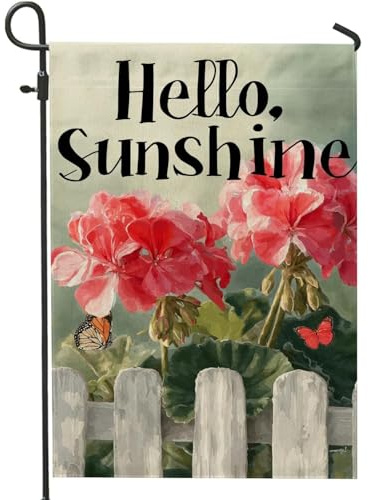 Bandera de jardín Hello Sunshine, mariposa de geranios rojos, decoración al aire libre, pancarta floral de primavera de doble cara, decoración vibrante del hogar de verano, 12 x 18 pulgadas