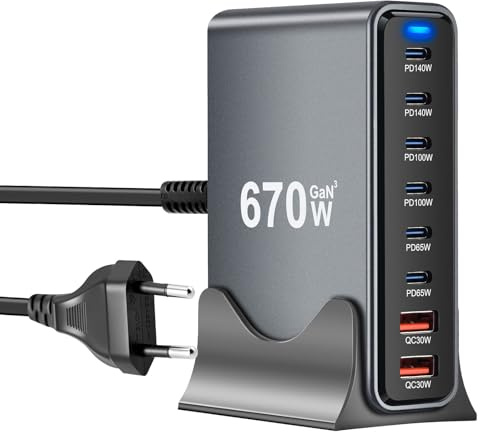 8 en 1 & 670 W USB C cargador múltiple, cargador rápido USB GaN III USB múltiple con 6 x USB-C + 2 x USB-A, cargador Power Delivery, estación de carga USBC para MacBook Pro/Air, iPhone, iPad, Samsung