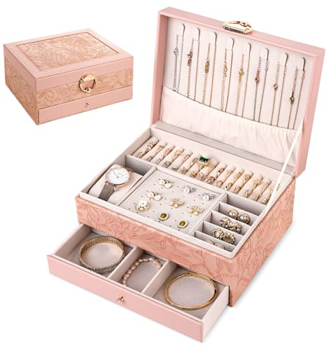Ninonly 2 Layer Jewellery Box for Women PU Leather Printed Jewellery Organiser Box with Keys Ideal for Necklaces, Bracelets, Rings and Earrings Pink