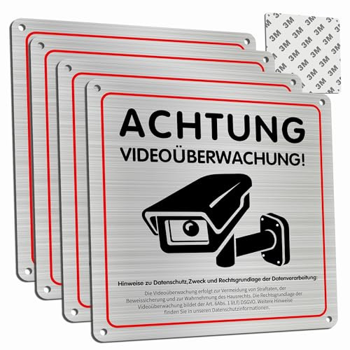 4 Stück Achtung Videoüberwachung Schild Privatgrundstück mit DSGVO Hinweis, 15 x 15 cm Aluminium Hinweisschild Videoüberwachung, mit Selbstklebend, 4 Bohrlöcher, Kamera Überwachung