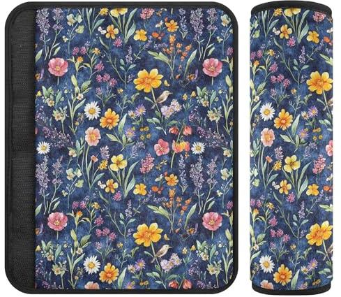 Wudan Cuscinetti per cintura di sicurezza per auto, motivo fiori lavanda, tulipani, uccelli, blu reale, morbidi, confezione da 2 pezzi, per adulti