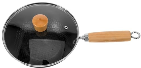Hemobllo Sartén Wok con Tapa de Vidrio de Cocina Antiadherente de Hierro Capacidad 1.5l, Diseño Compacto y Uso Versátil para Estufa de Gas Hogar