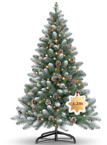 Ferzone 120cm Sapin de Noel Artificiel Vert avec Neige Blanche et 100 Lampes LED, Arbre de Noel avec 200 Pointes de Sapin en PVC & 15 Cones de Pin, Pied en Métal, Montage Facile&Design Pliant