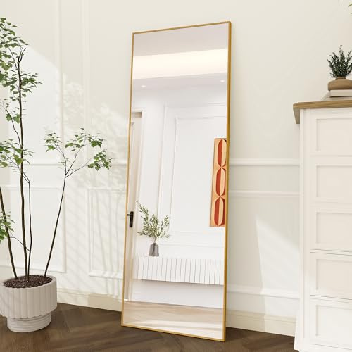 FEEOHOME Grand Miroir sur Pied 164x54 cm, Miroir Mural Moderne doré avec Cadre et Structure Peut être Suspendu, fixé au Mur, Miroir Intégral rectangulaire pour Salon, Chambre à Coucher, entrée (Or)