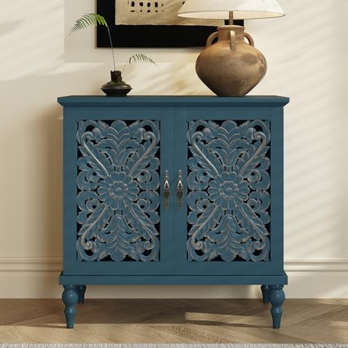 HOLTICO Kommode Blau, Vintage Sideboard Buffet Schrank mit Hohle Blumenschnitzerei, Akzent Schrank Holz Kommoden & Sideboards für Wohnzimmer, Esszimmer, Küche