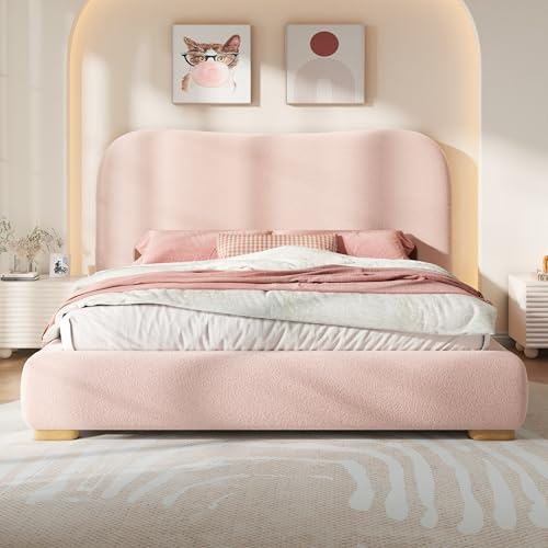 Jocisland Full Size Cloud Bed Frame, 7.1 Thick Curved Headboard, Soft Rounded Corners Kid & Pet Safe Design, Modern Upholstered Platform Bed, No Box Spring Needed, Easy Assembly, Boucle Pink