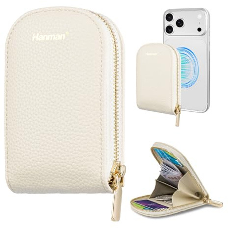 Hanman Magnetischer Kartenhalter für Handy, Reißverschluss, Leder, Kartenhalter zum Aufkleben auf der Rückseite des Telefons mit 4 Kartenfächern und 2 Geldfächern, kompatibel mit iPhone 17/16/15/14/13
