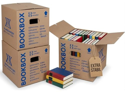 KK Verpackungen Bücherkartons | 5 Stück, 405 x 330 x 353 mm | 2-wellig, Tragkraft 50 kg | Fadenverstärkte Griffe, Schmetterlingsboden | Umzugskarton für Bücher, Aktenordner, Geschirr