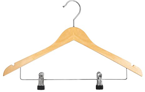 Dila GmbH Holzbügel mit Klammersteg | Kleiderbügel Hosenbügel Rockbügel Holzbügel Garderobenbügel Ladenausstattung | 44,5 cm, Buche, lackiert, verschiebbare Klammern (25 Stück)