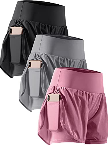 CADMUS 2 in 1 Women's Workout Shorts Athletic Gym Running Shorts for Women Phone Pockets,Black & Gray & Purple, Medium