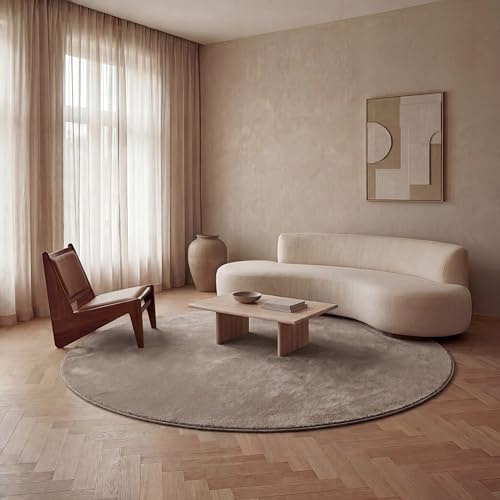 Jimri Moderner Teppich Wohnzimmer – Weich, Strapazierfähig & Pflegeleicht – Einfarbig Beige, Rund & Rechteckig – Hochwertige Verarbeitung – Oeko-TEX Zertifiziert – Beige, Rund 200 cm