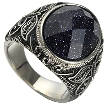 Gualiy Ringe Herren Edelstahl, Herrenring Siegelring, Blau Stein mit Vintage-Blumenmuster Vertrauensringaus Edelstahl Silber Ringgröße 57 (18.1)