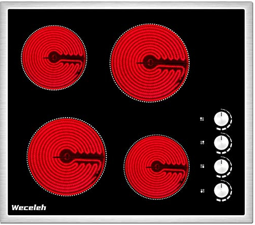 Weceleh Piano cottura vetroceramica, piastra in ceramica da 6000 W, piastra di cottura vetroceramica 4 fuochi, vetroceramica piano cottura elettrico 60c m, nessuna spina inclusa