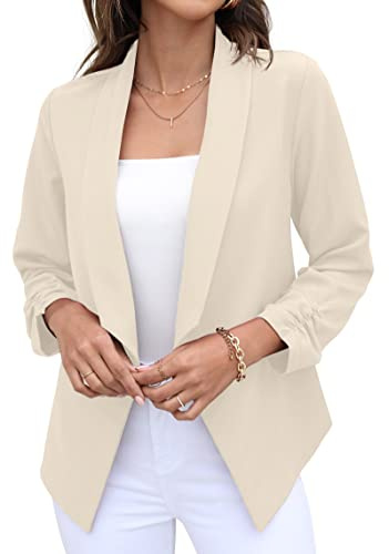 GRECERELLE Womens Blazer Suit Open Front Cardigan 3/4 Ruched Sleeve Casual Work Office Cropped Blazer Jacket for Ladies (Beige, US 8= UK10-12)