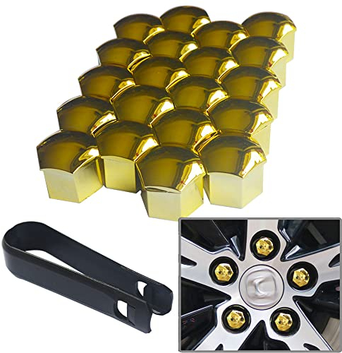senvenelec 20 Pezzi universali da 17 mm in plastica Copri Dado Vite copridado per Auto Bulloni copriruota, universali bulloni Ruota Tappi Dado a capocorda.con 1 estrattore (Oro).