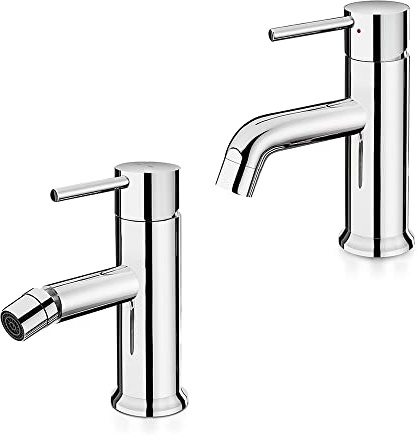 Set 2 rubinetti miscelatori lavabo e bidet completo di piletta, in ottone cromato, serie Manola (Set lavabo e bidet)