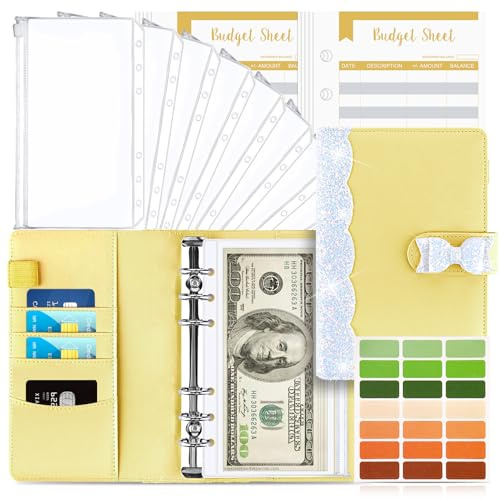 Budget Planner Budget Binder A6, budgetplanerare pengar arrangör med mjuk PVC-väska, TAOPE läderpärm anteckningsbok A6 kontantfyllning, budgetplanerare hushållsbok med sedelfack fjäril gul