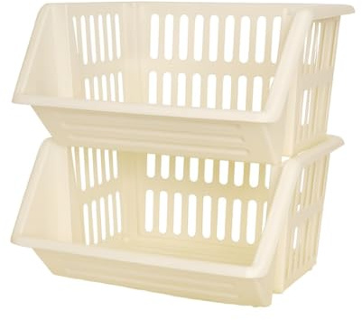ZARVICZONIA Large Stacking Storage Baskets Veg Rack, Durable Plastic Stackers, Dimensions: 36 cm (L) x 30 cm (D) x 17.5 cm (H) (Cream, Pack of 2)