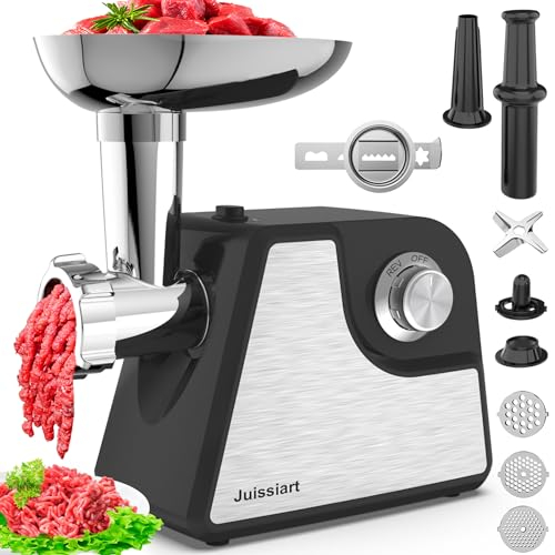 Picadora de carne Juissiart, Picadora de carne de acero inoxidable eléctrico, Velocidad ajustable de la máquina picada con 3 placas, Tubos de embutidos y dados accesorios para uso doméstico