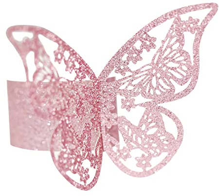 Papier Serviettenringe Set,Serviettenringe Rosa,50 Stück 3D Bling Schmetterling Serviettenring,Schmetterling Servietten Schnallen Halter Tischdekoration für Hochzeit, Party, Ramadan, Bankett
