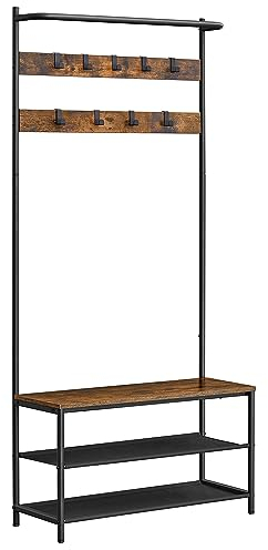 VASAGLE Perchero Zapatero, Perchero Recibidor, con Banco Zapatero, 9 Ganchos Extraíbles, Barra Superior, 32,2 x 84 x 180 cm, Entrada Dormitorio, Industrial, Marrón Rústico y Negro HSR421B01