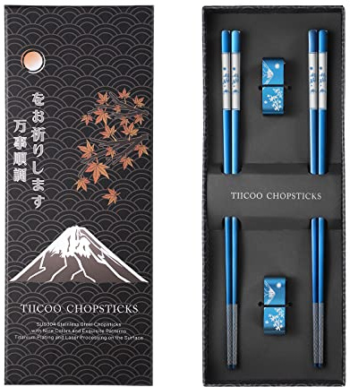 TIICOO Edelstahl-Essstäbchen 2 Paar, Titan 18/8, Spülmaschinenfest, Leichte Metall-Essstäbchen, Geschenkset (Blau)