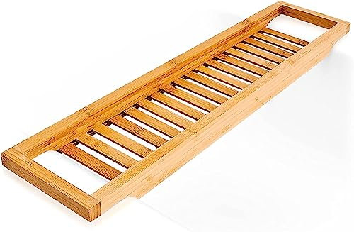 MantraRaj Bamboo Caddy Organiser Wood Bath Tub Rack Bathroom Shelf Tidy Tray Storage Organiser Bath Caddy Bridge Wooden Bathtub Tray Rack Holder Organiser (Natural)
