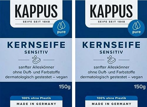 Kappus Kernseife Sensitiv – 2er Pack (2 x 150g) – Milde Seife für empfindliche Haut, ohne Duftstoffe, pH-neutral, palmölfrei, vegan