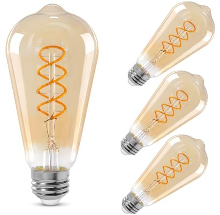 Decoaui ST64 LED E26 Vintage Edison Light Bulbs, Light Amber Glass, Dimmable, 4W(40W Equivalent) 300 Lumens, 2500K Warm White, Spiral Filaments Design, Antique Style, 25000 Hrs, 4-Pack