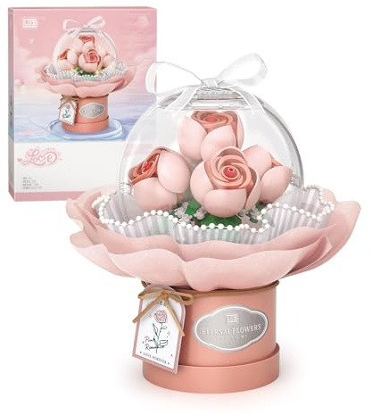 MEIEST Ensemble de Blocs de Construction pour Bouquet de Fleurs, Fleurs artificielles avec dôme Anti-poussière pour la Saint-Valentin,Briques de pour bonsaï(Pink Rose)