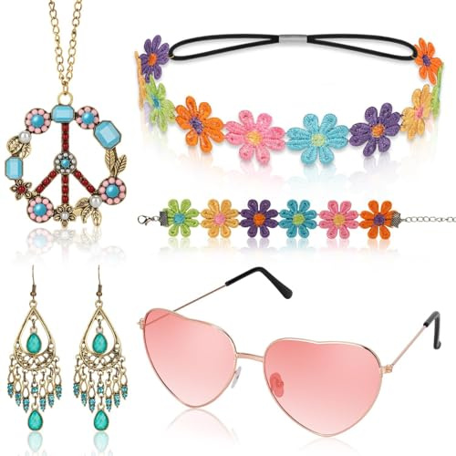 Alintor Hippie Accessoires für Schlagermove Outfit Damen, 5 Stück Hippie Kostüm Damen Accessoires, Flower Power Zubehör für 70er Jahre Bekleidung, Peace Kette, Brille