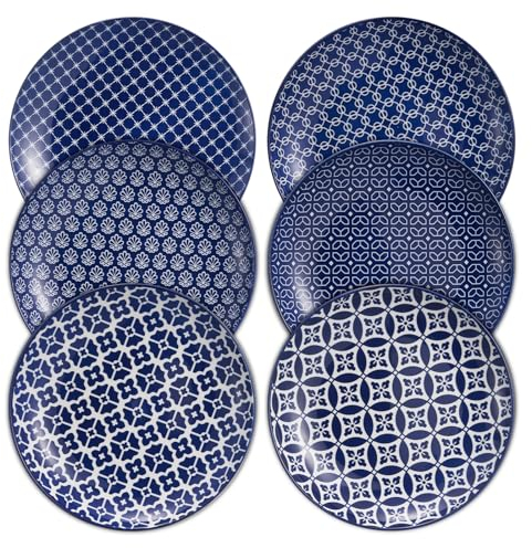 DOWAN Juego de 6 platos llanos de 26.7 cm, cerámica de porcelana, aptos para microondas, horno y lavavajillas, color azul colorido, solo 68 piezas