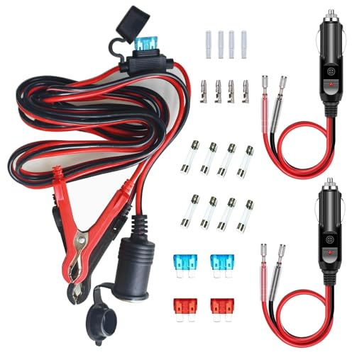 GTIWUNG Cable Encendedor Cigarillos 12V/24V Clip-on Terminal de Bateria,Pinzas Coche Bateria Pinzas Cocodrilo Bateria Encendedor de Cigarrillos 16AWG 3.1M con Fusible 10A/15A+2PCS Cable Conector Macho