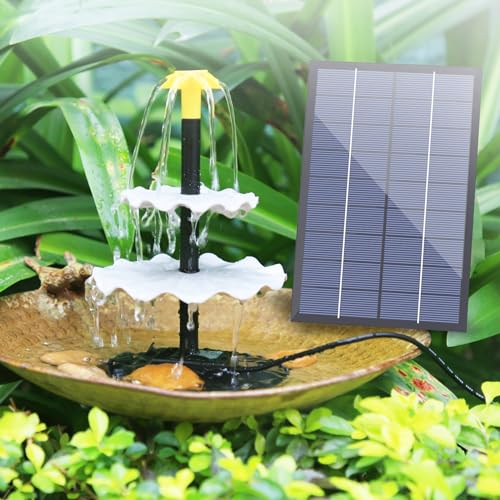 SUJFEE DIY 4W Solar Springbrunnen für Außen, Dreischichtiges Fließwasser-Set mit Wasserpumpe,Vogelbad und Brunnen Abnehmbar mit 4 Düsen,Solarbrunnen für Draussen für DIY-Wasserspiel,Gartendekoration