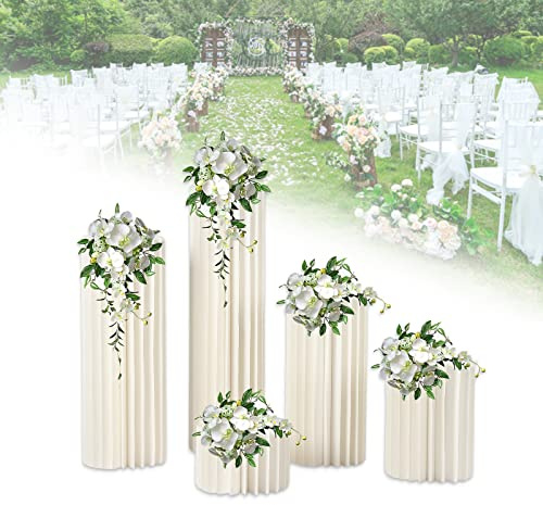 5 Stück Karton Blumensäule Vasen, Weiß Faltbarer Pappdisplay-Papiersäulen, Blumenständer Hochzeit Tafelaufsätze, Zylinderförmige Hohe Bodenvase, Blumensäule für Garten, Party Deko, 20/40/60/80/100cm