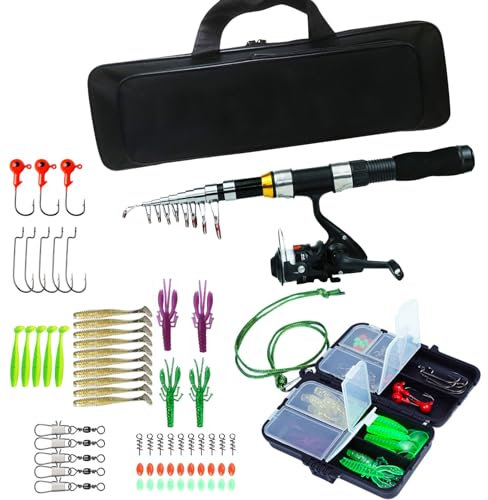 Angelruten, tragbare Angel-Kombination mit Koffer, mit Spule, Kombi, Meer, Salzwasser, Süßwasser-Set, Teleskop-Angelrute für Erwachsene, Reisen, Salzwasser, Süßwasser (A)