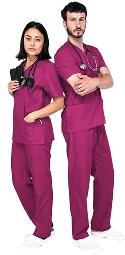 MAZALAT work wear Unisex medicinskt arbetskläder set – vårduniform för kvinnor och män, bekväm passform, moderna kassakset i ventilerande tyg, Bordeaux, XL